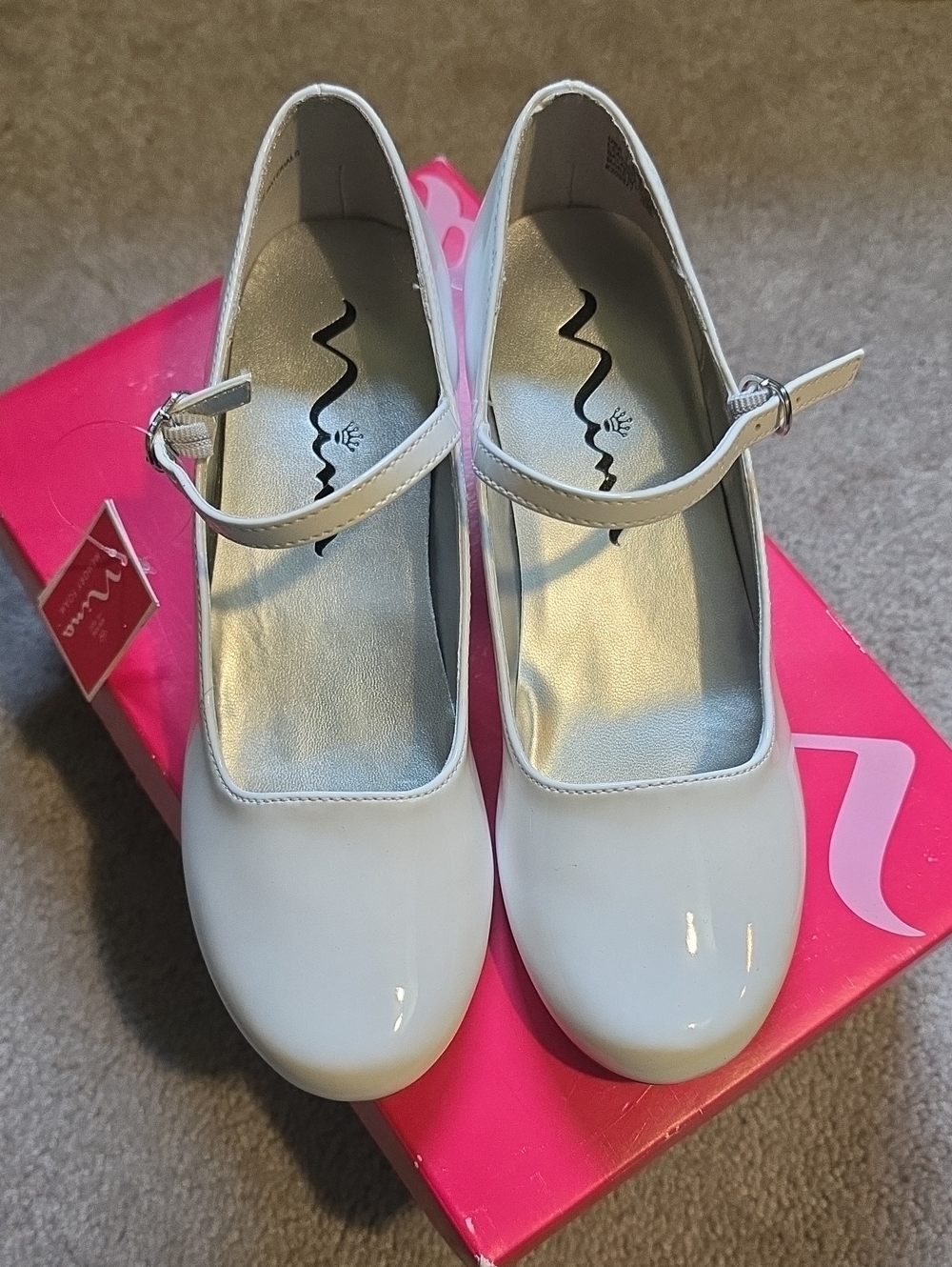 Nina White Patent Mary Jane's with Ankle Strap